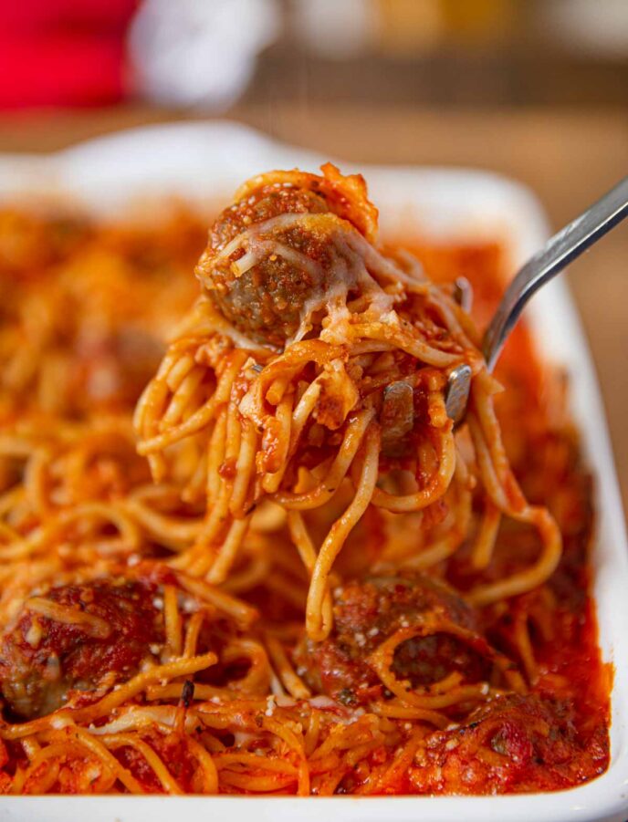 Scoop of Baked Spaghetti and Meatballs