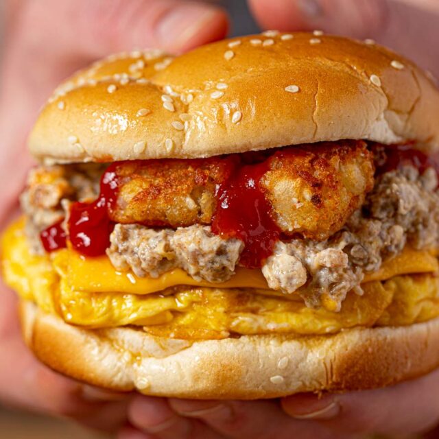 Breakfast Pork Sausage Sloppy Joes in a seeded hamburger bun