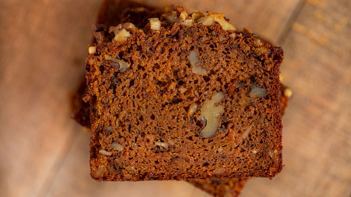 Stacked slice of sweet bread shown from above