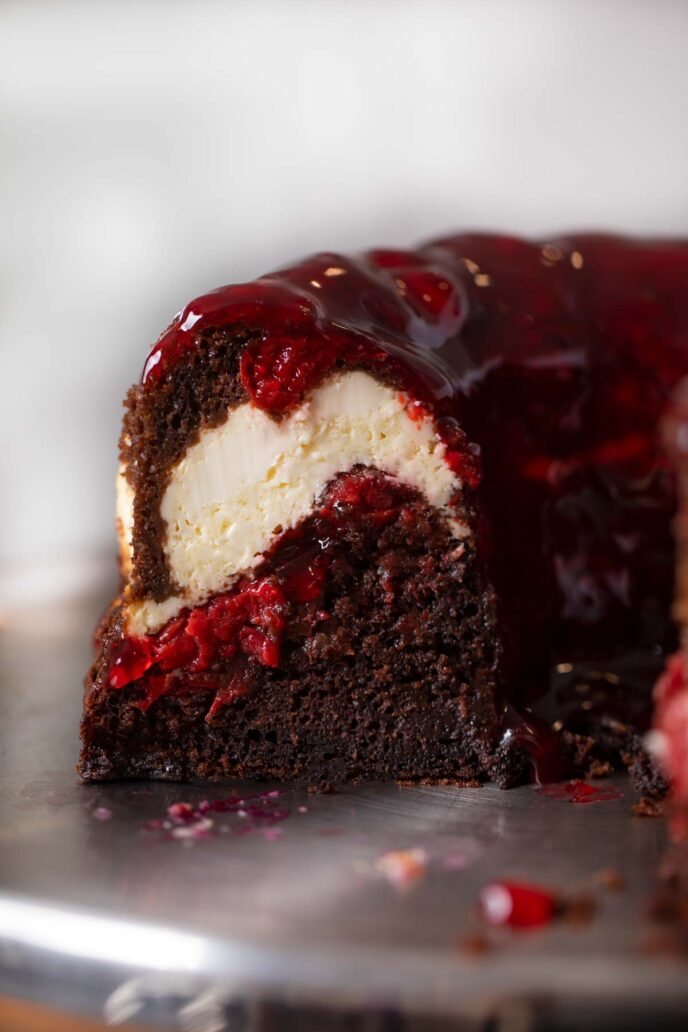 Chocolate Cheesecake Bundt Cake with Cherries