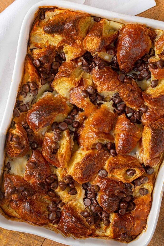 Chocolate Croissant Casserole Bake in white baking dish shot from top down