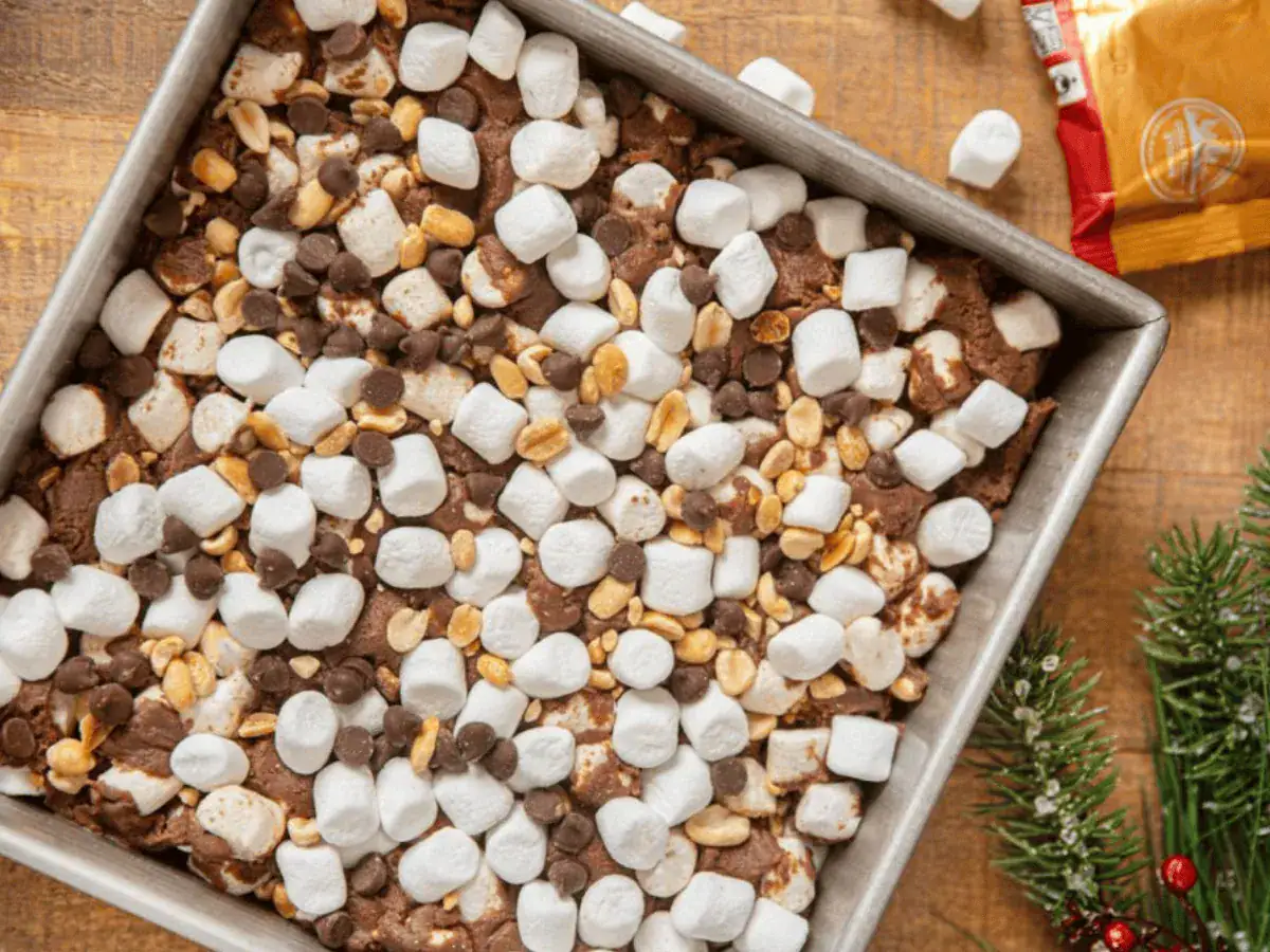 bars in pan topped with marshmallows