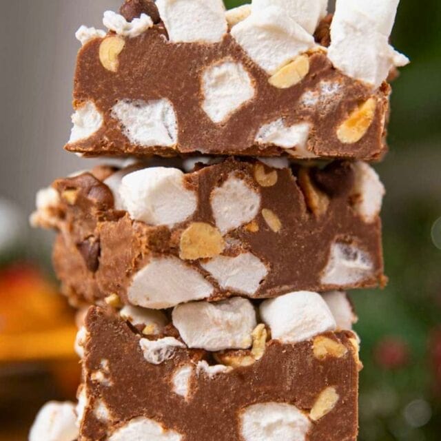 Chocolate Marshmallow Bars Cut into Squares and Stacked on One Another