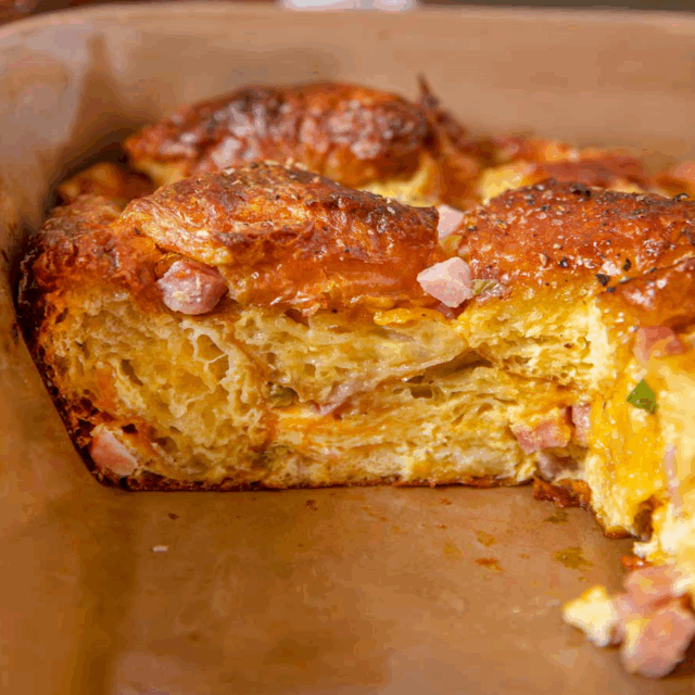 baking pan with a slice of breakfast casserole removed