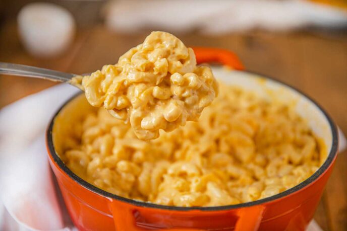 Red Dutch Oven with KFC Mac and Cheese