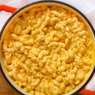 An orange pot of KFC mac and cheese.
