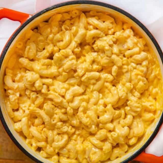 An orange pot of KFC mac and cheese.