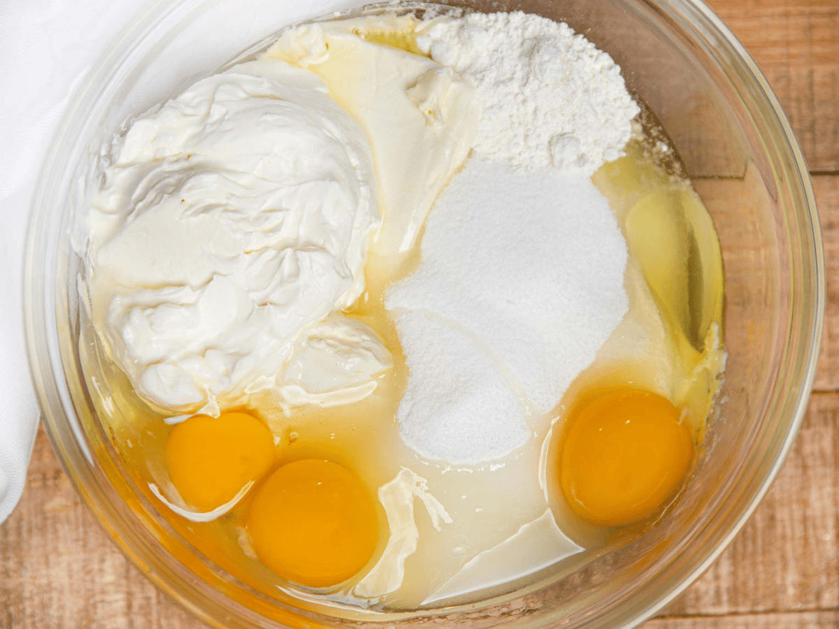 Bowl with dessert ingredients ready to mix