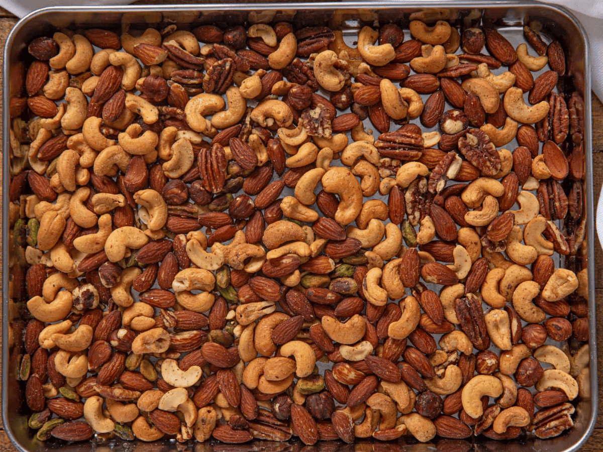 Mixed nuts in a baking dish