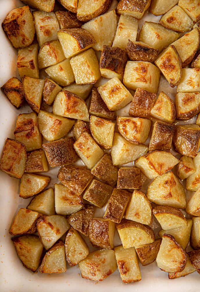 Crispy Roasted Potatoes with Salt and Vinegar Flavoring in baking dish