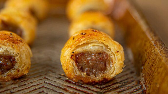 Sausage Rolls in Puff Pastry on baking sheet