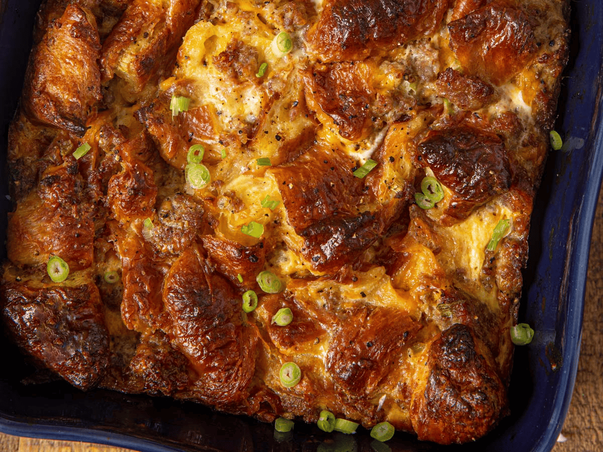 Closeup of baked ingredients in a baking dish 