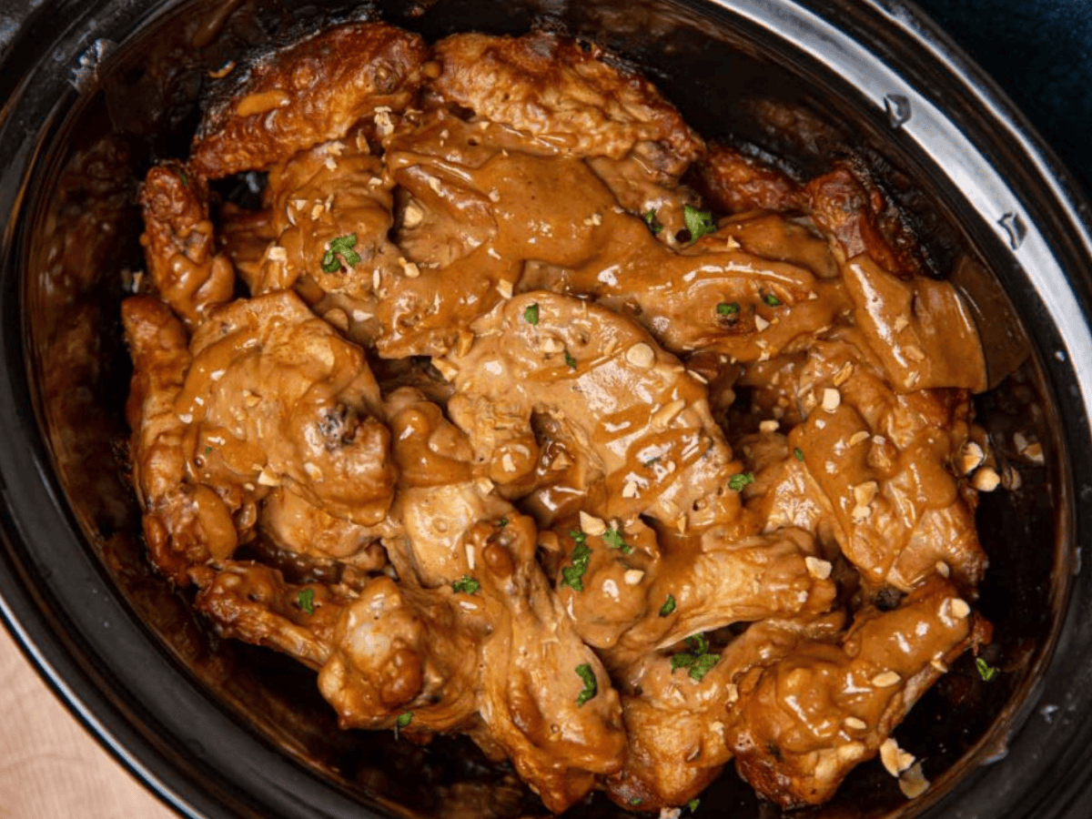 Top view of chicken wings in slow cooker