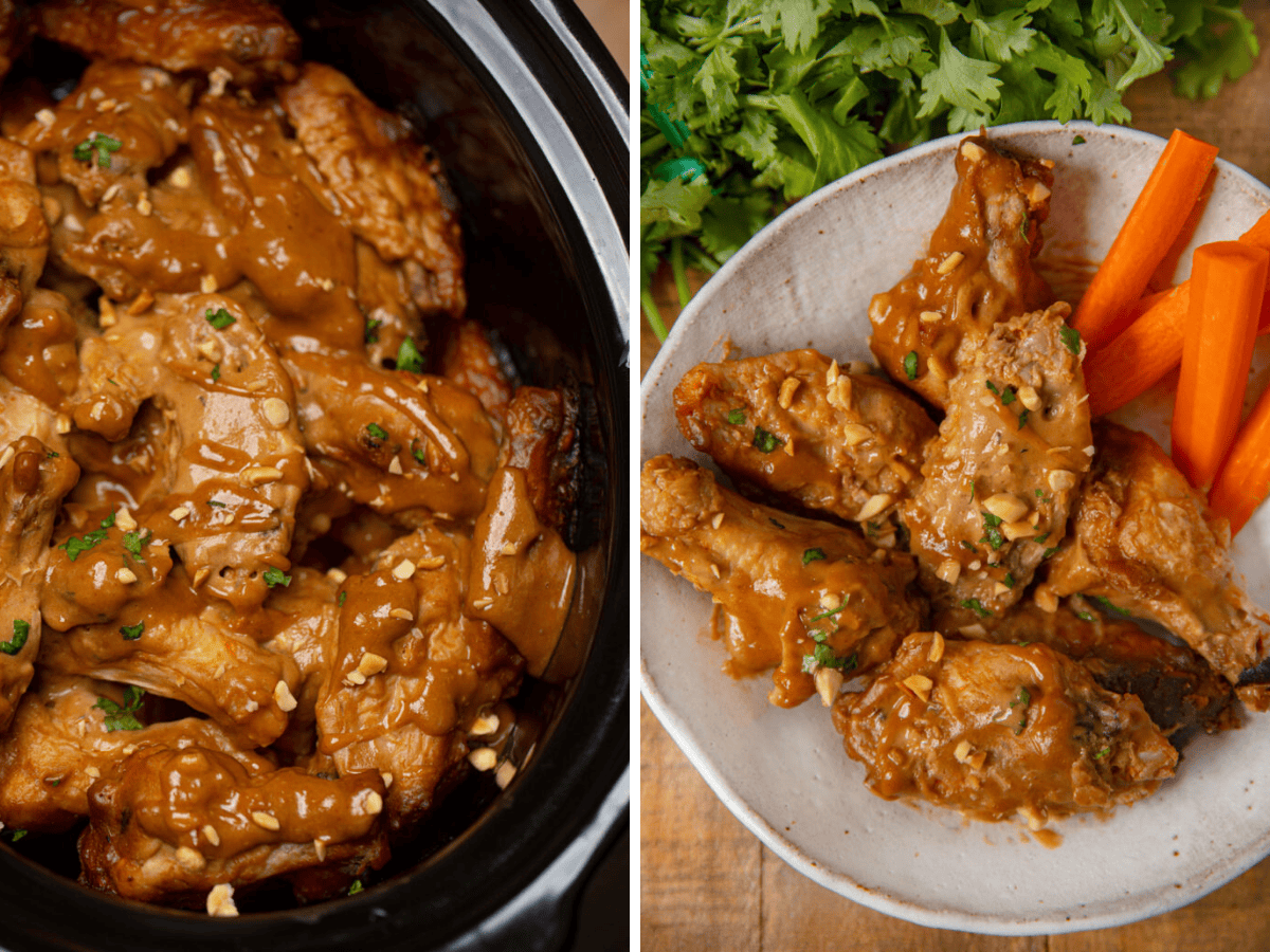 Collage of chicken wings in slow cooker and on plate