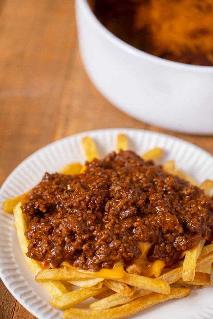 Tommy's Chili over a plate of French fries