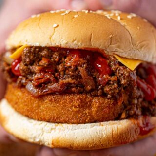 Bacon Cheeseburger Sloppy Joes with BBQ Sauce and Onion Rings
