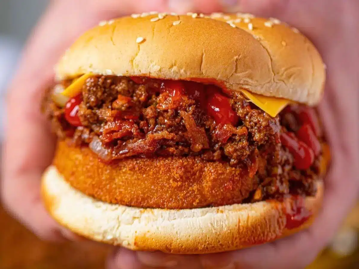 Assembled loaded beef sandwich held in hands