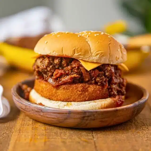 Assembled loaded ground beef sandwich on a wooden plate