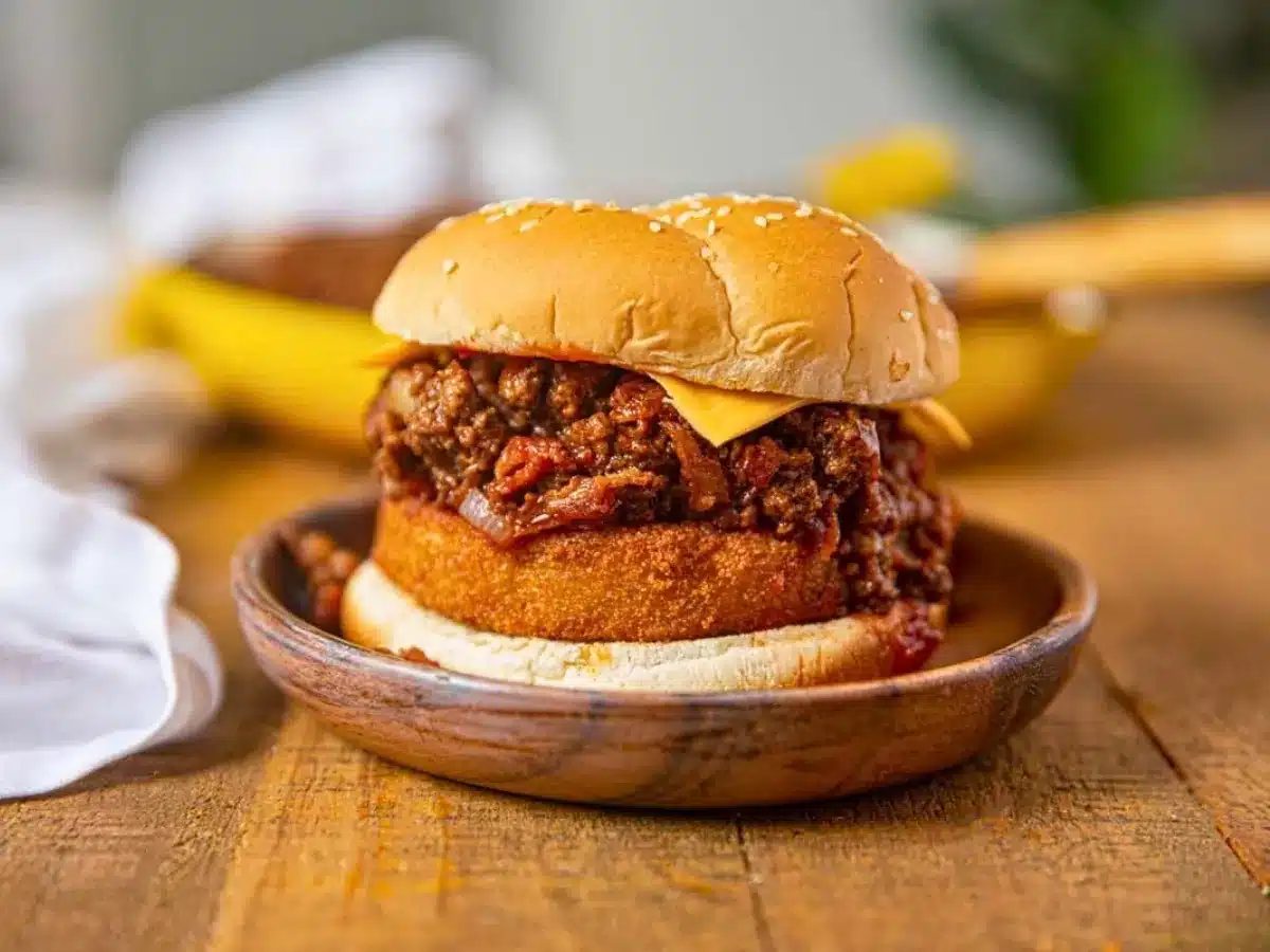 Assembled loaded ground beef sandwich on a wooden plate