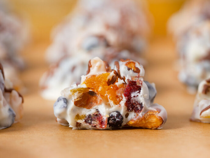 White Chocolate Fruit and Nut Clusters bite