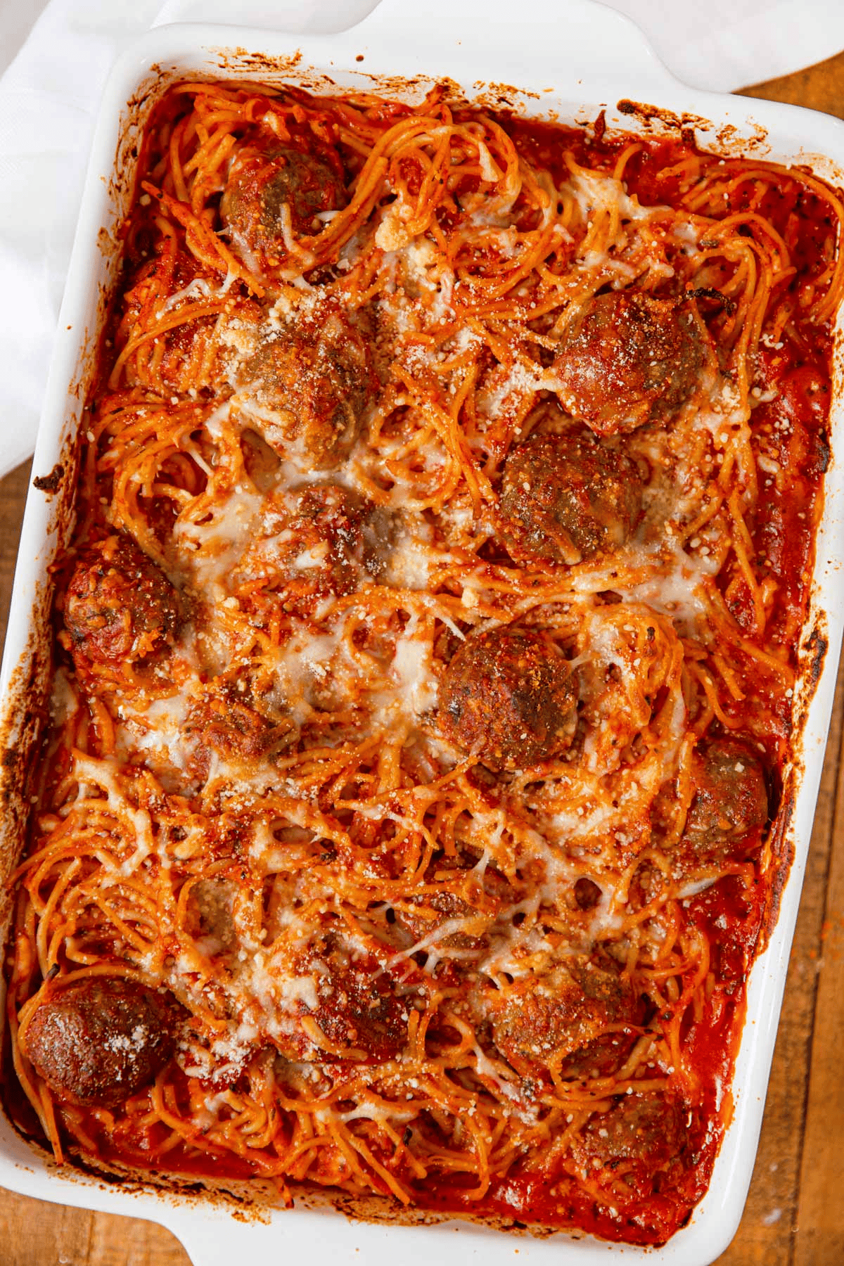 Spaghetti casserole dinner in a full pan from above