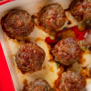 Meatballs in a baking dish ready to serve.