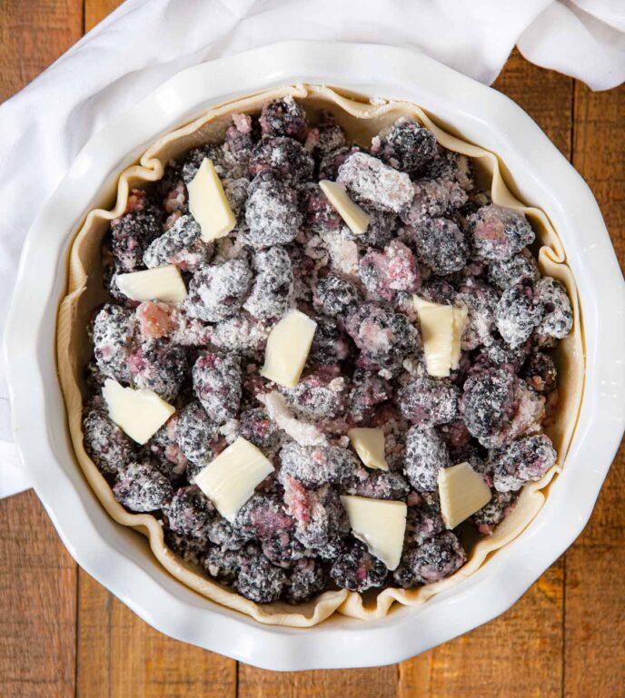 Blackberry Pie filling in pie before top crust placement