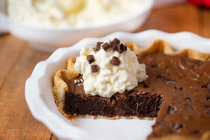 Brownie Pie in a white pie baking plate