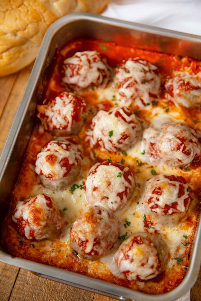 Cheesy Meatball Casserole in baking dish