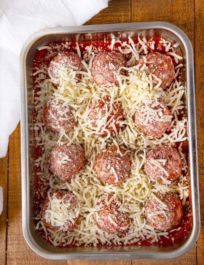 Cheesy Meatball Casserole prepped to bake