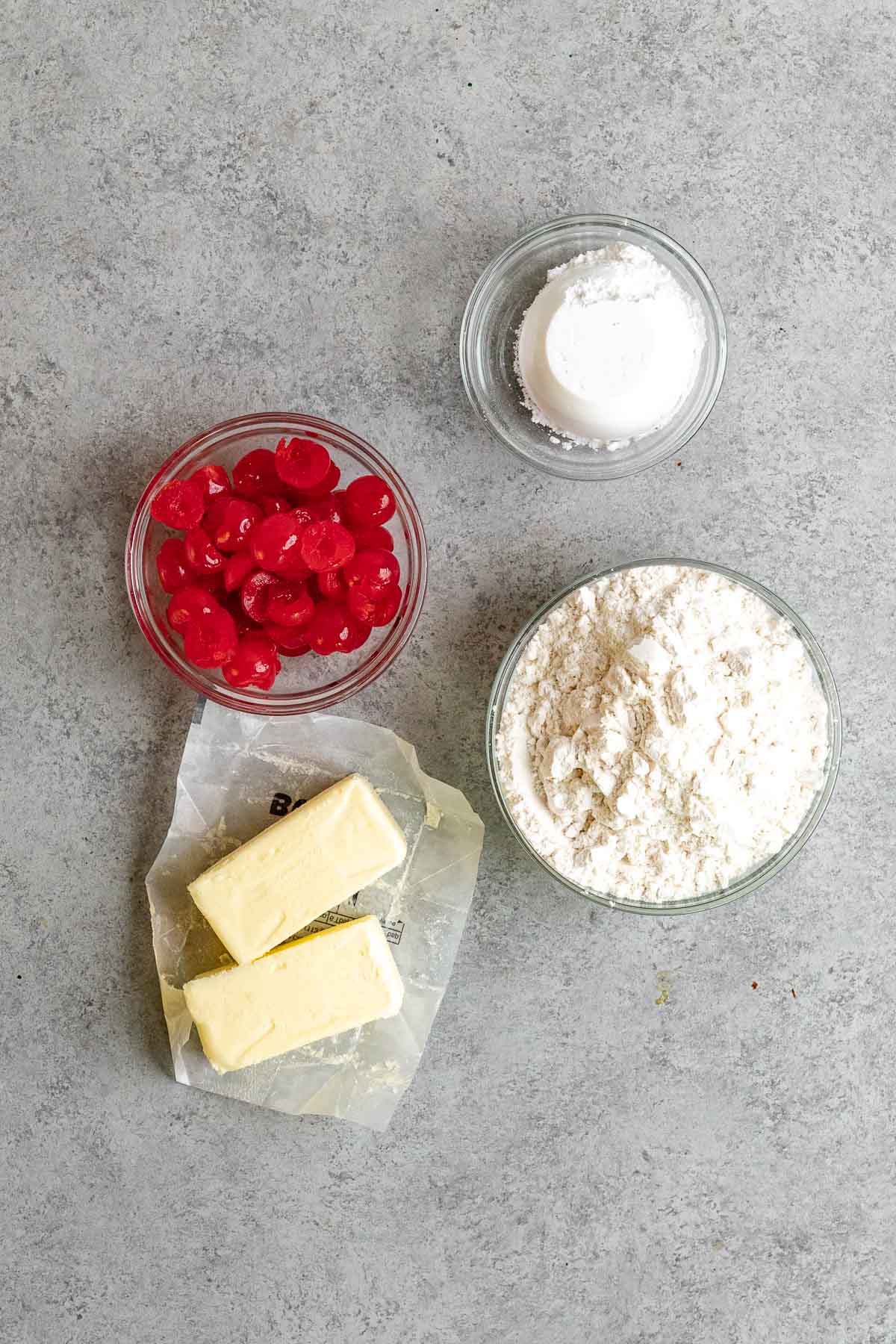 Cherry Snowballs ingredients in separate bowls