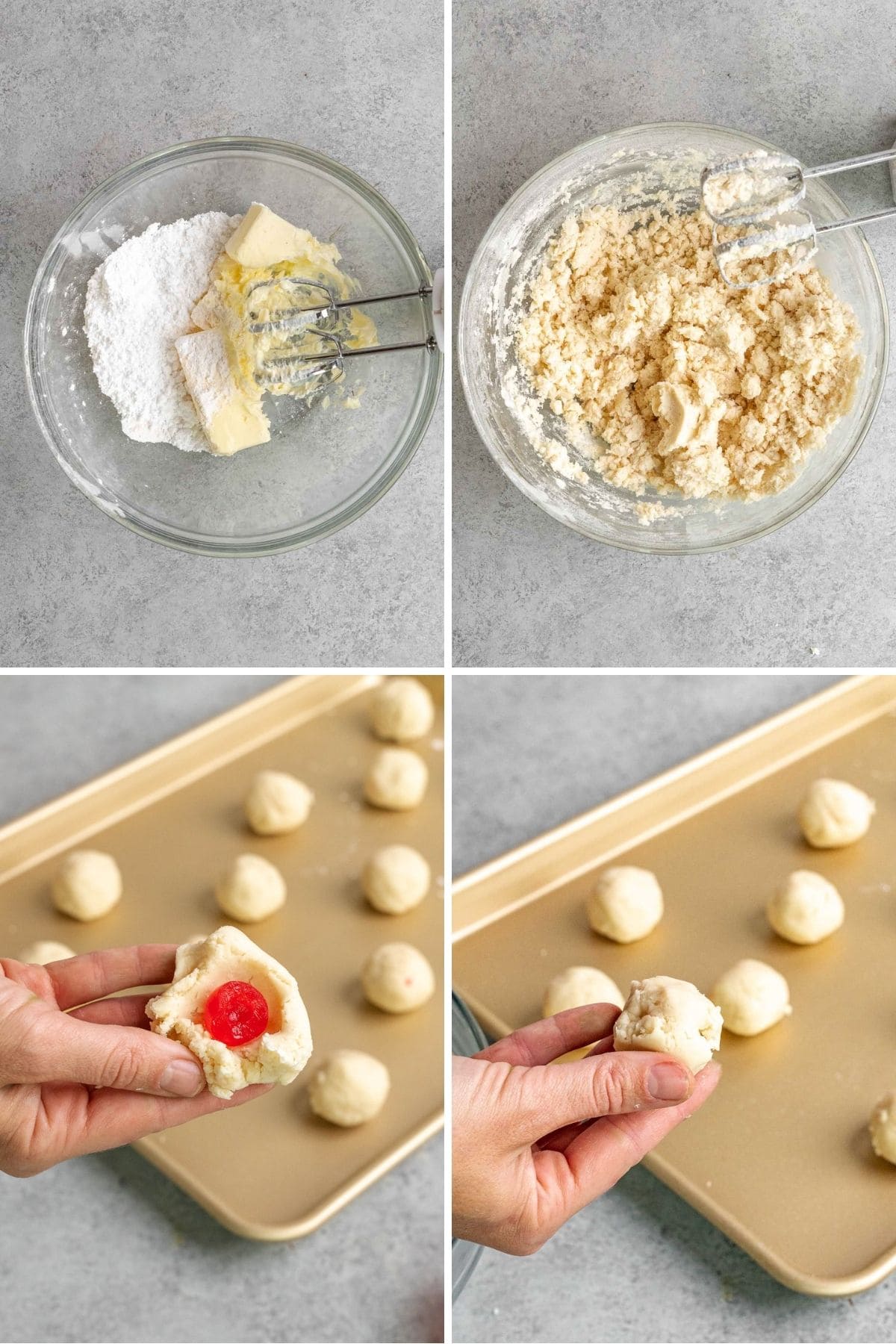 Cherry Snowballs dough preparation and shaping cookies collage