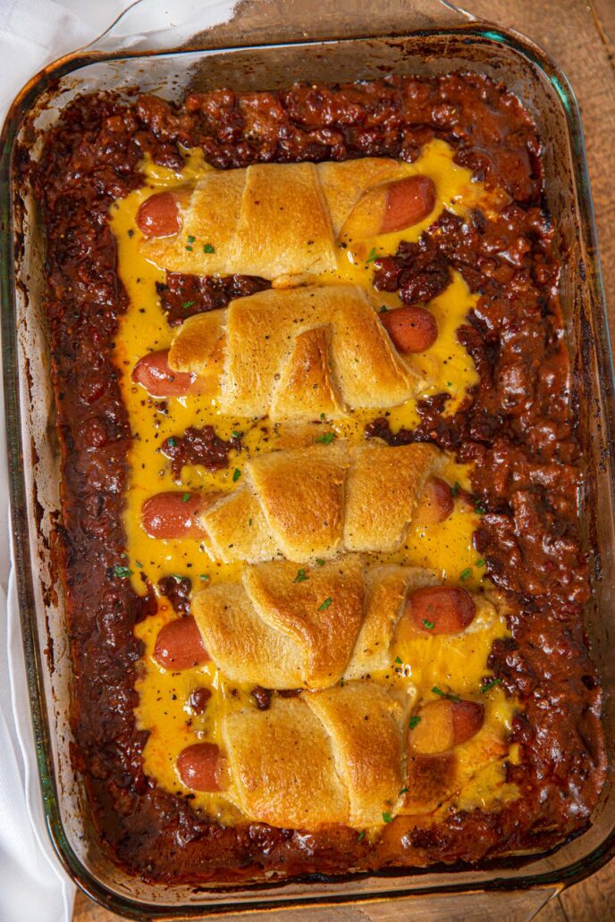 Chili Cheese Dog Casserole full baking dish