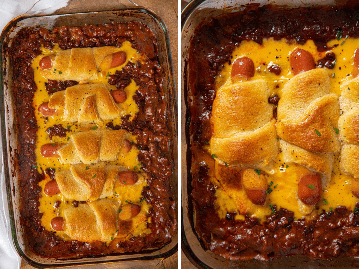 collage of hot dog casserole