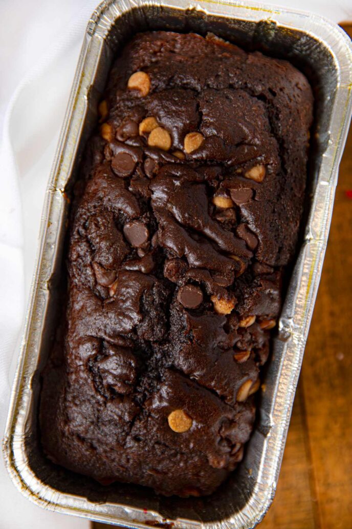 Chocolate Peanut Butter Chip Bread in loaf pan