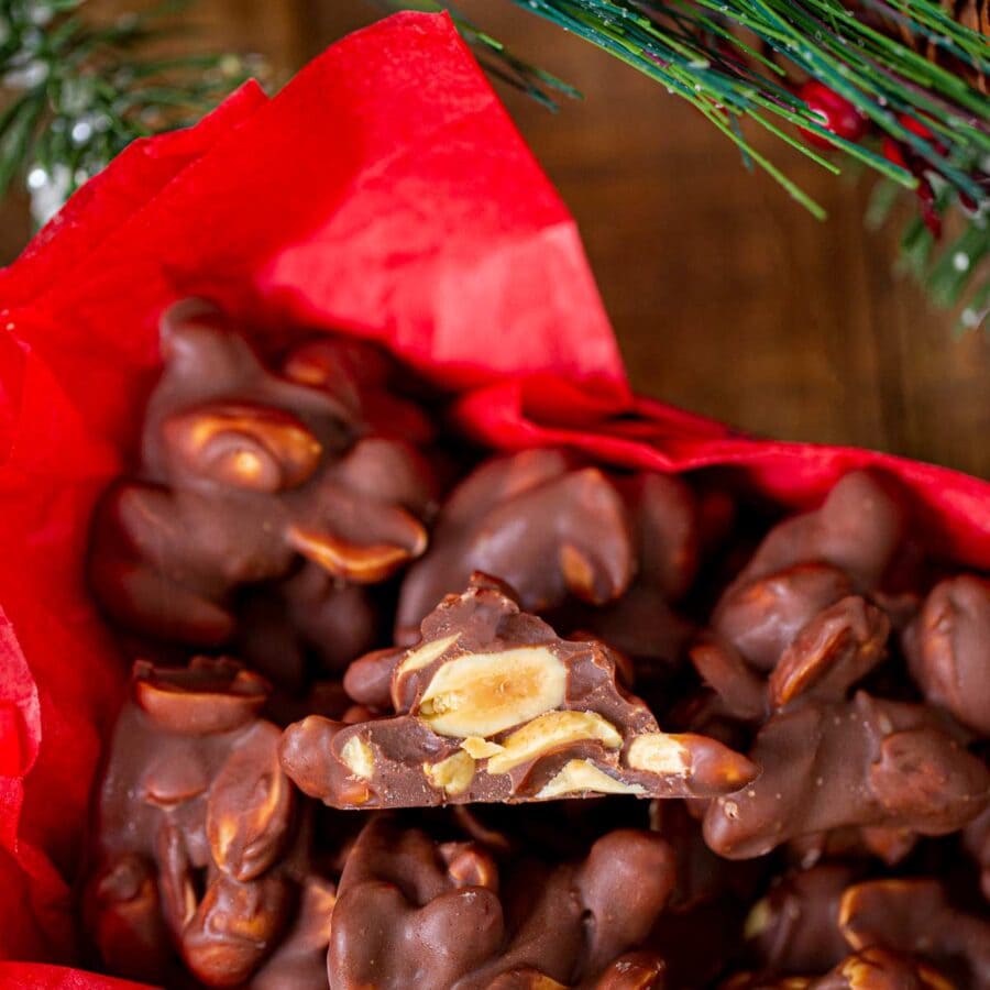 Chocolate Peanut Clusters in decorative box