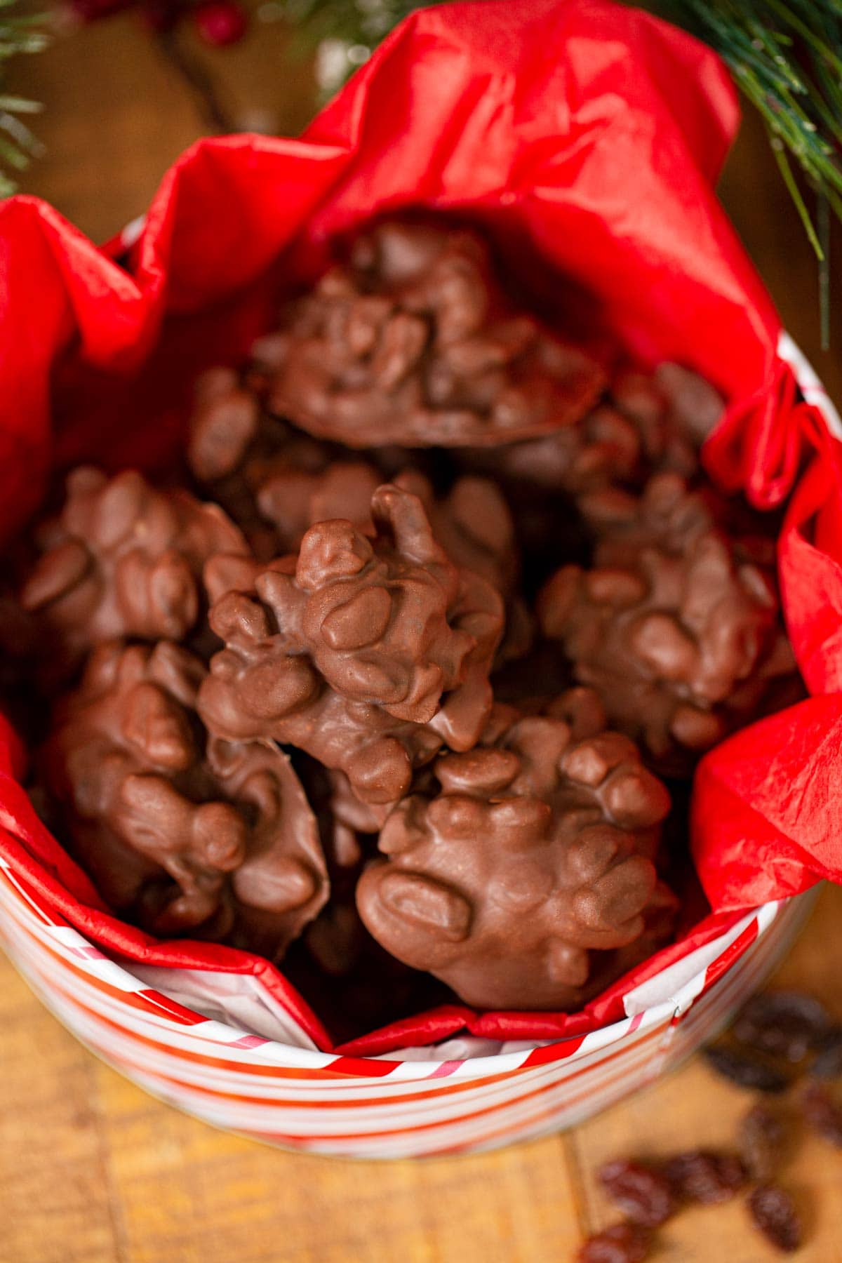 Chocolate Raisin Clusters in decorative box
