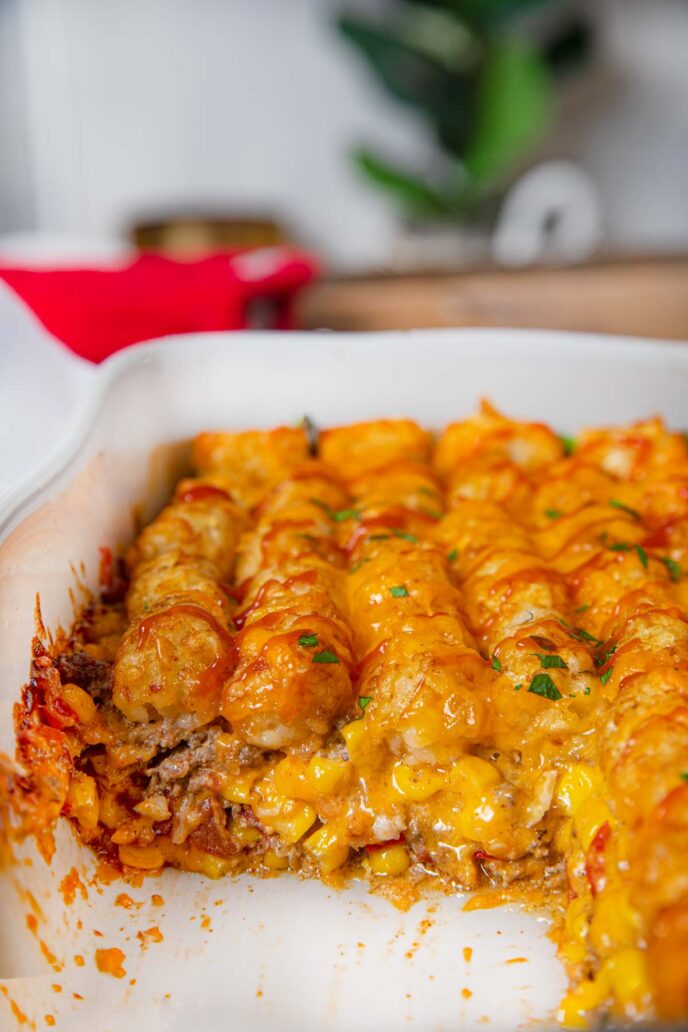 White Baking Dish of Cowboy Casserole