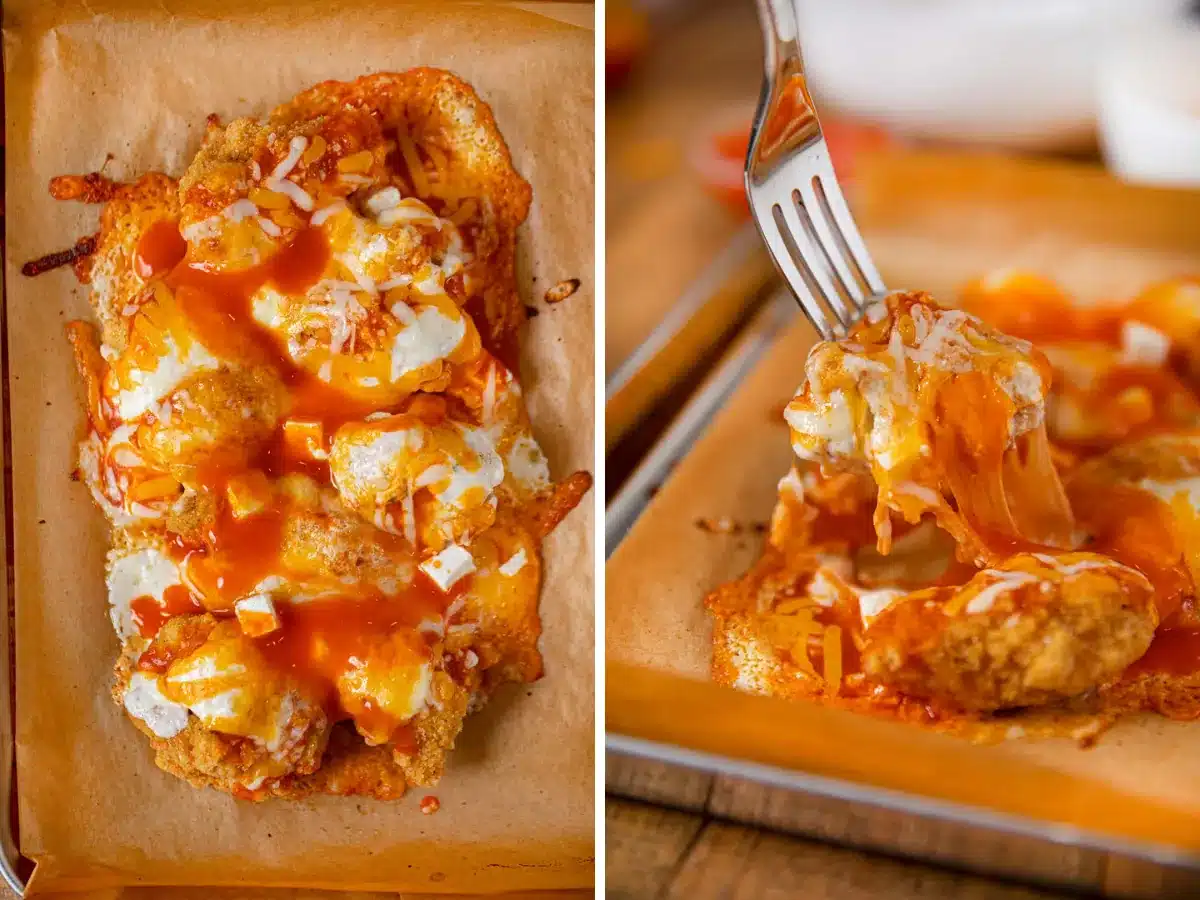 finished chicken copycat and fork taking bite collage 