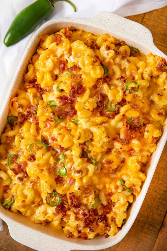 Bacon JalapeÃ±o Popper Mac and Cheese in baking dish