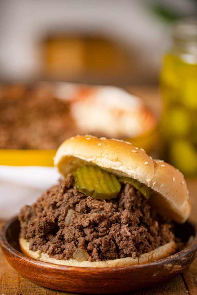 Loose Meat Sandwiches on hamburger bun with pickles