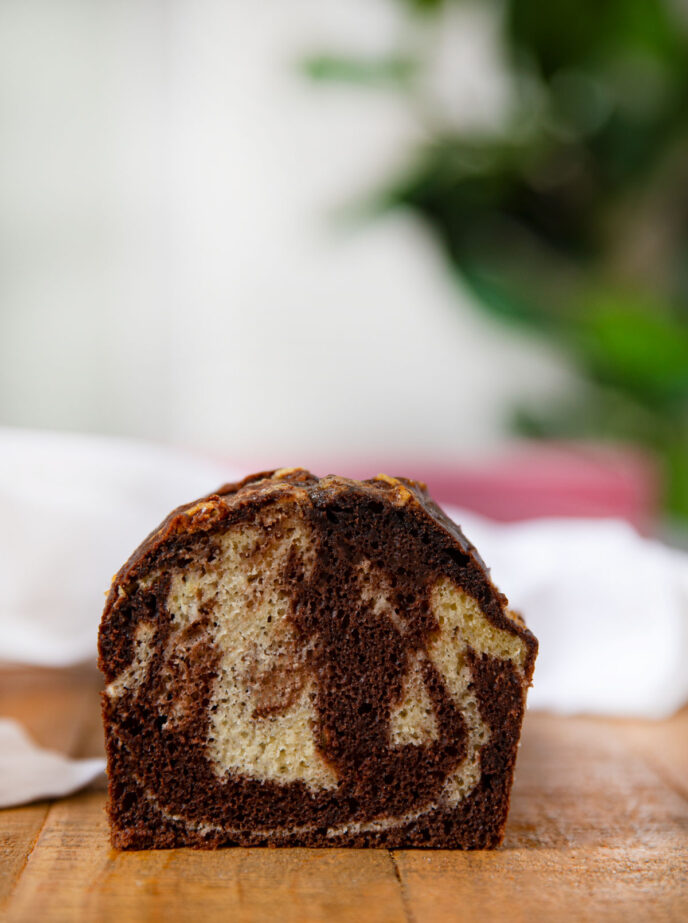 Marble Cake on wooden cutting board