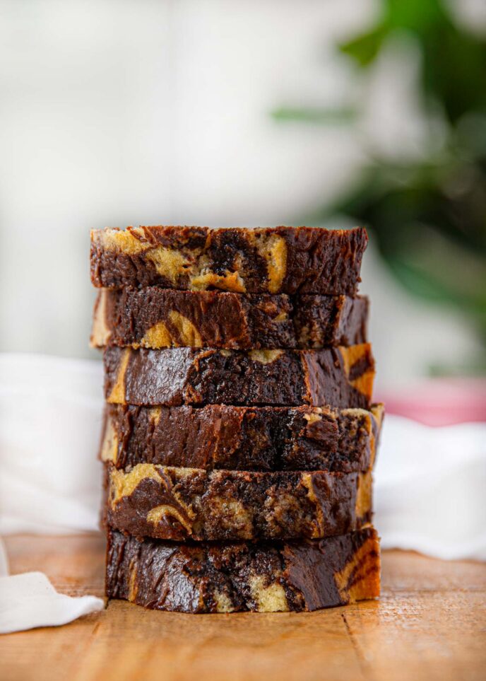 Chocolate Marble Cake slices in a stack