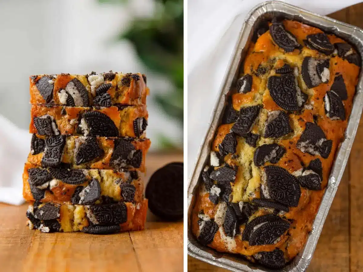 collage of stacked sliced bread and fresh baked bread in loaf pan