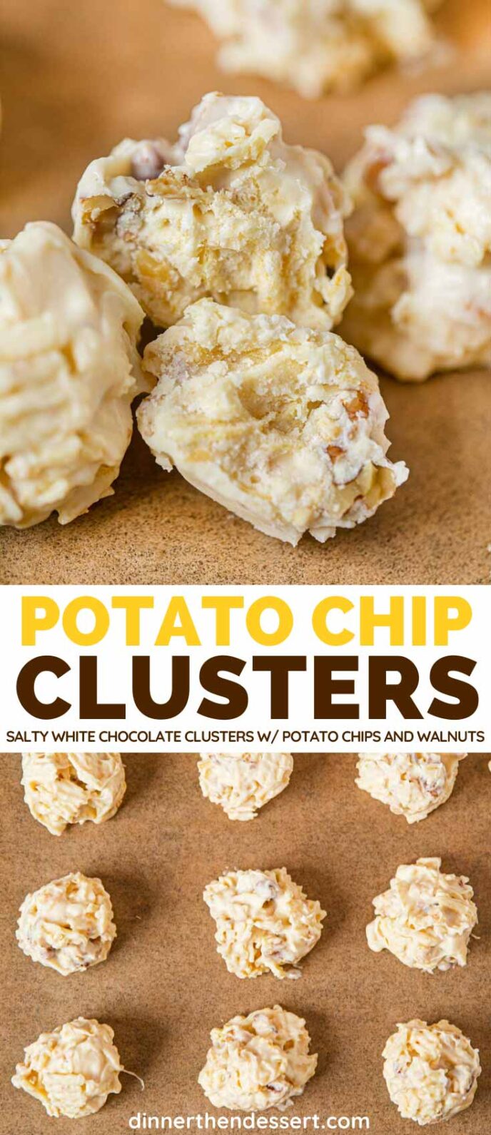 White Chocolate Potato Chip Nut Clusters collage