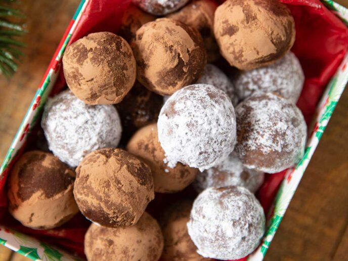 Rum Balls rolled in cocoa powder and powdered sugar