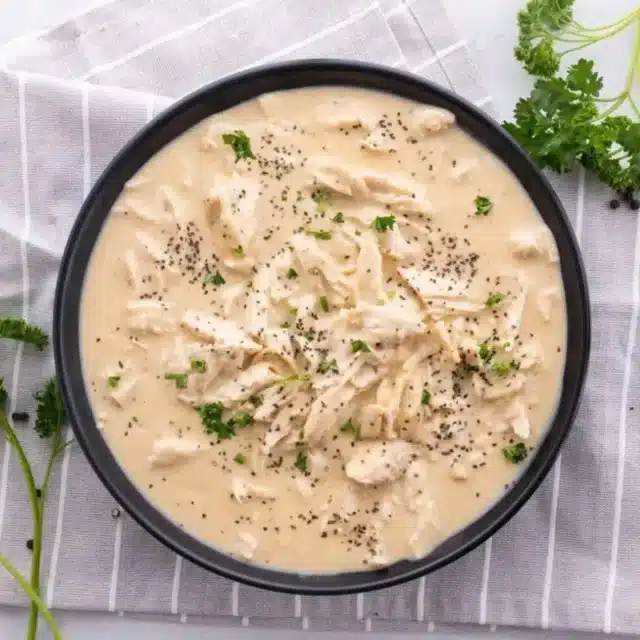 Chicken and gravy served in bowl