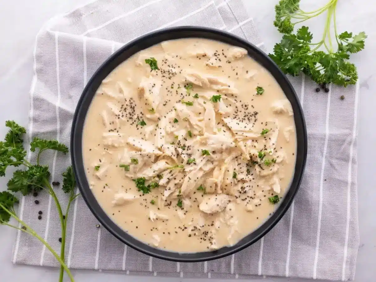 Chicken and gravy served in bowl