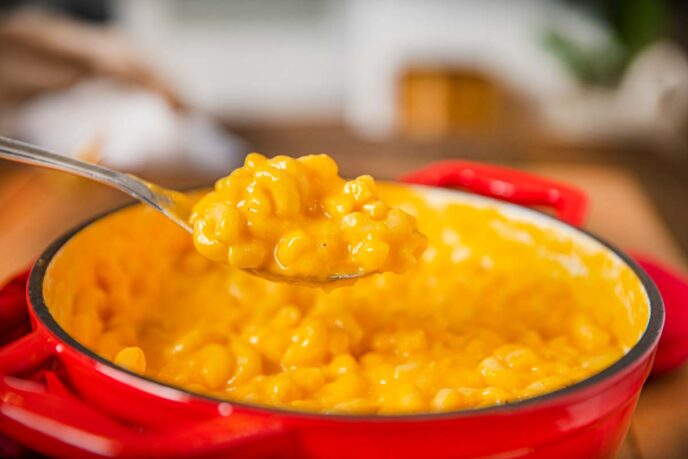 Stouffer's Mac and Cheese on large spoon above red pot