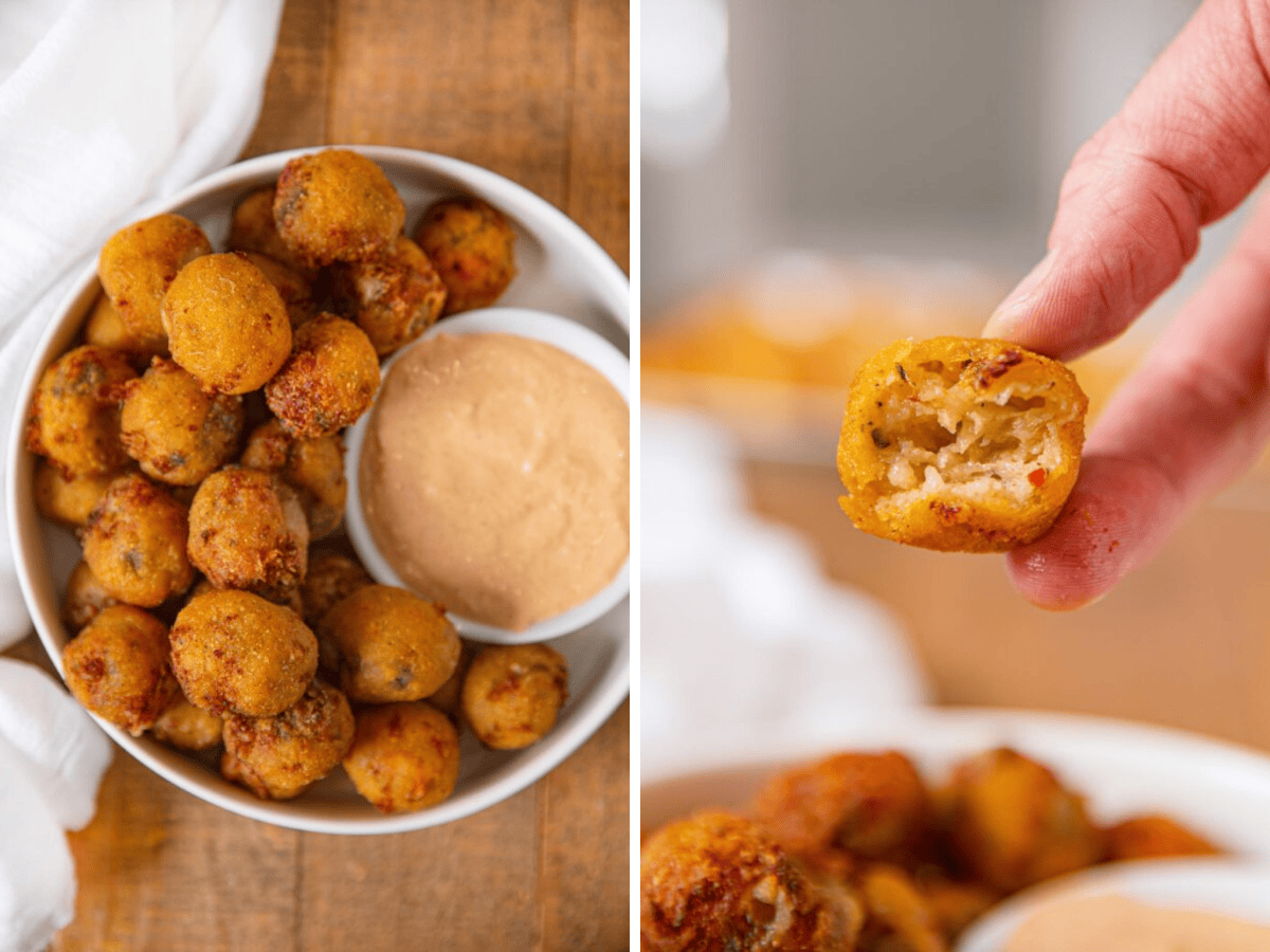 collage of bowl of bites and and holding bite 